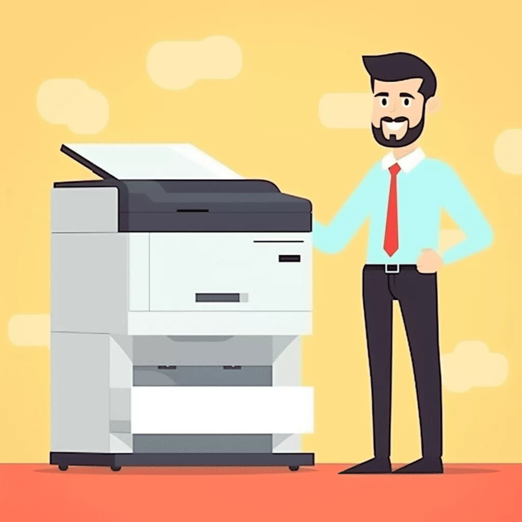 Illustration d'un employé qui entretient l'imprimante professionnelle de son travail