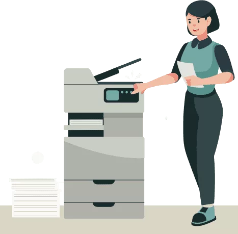 illustration d'une femme avec une imprimante professionnelle