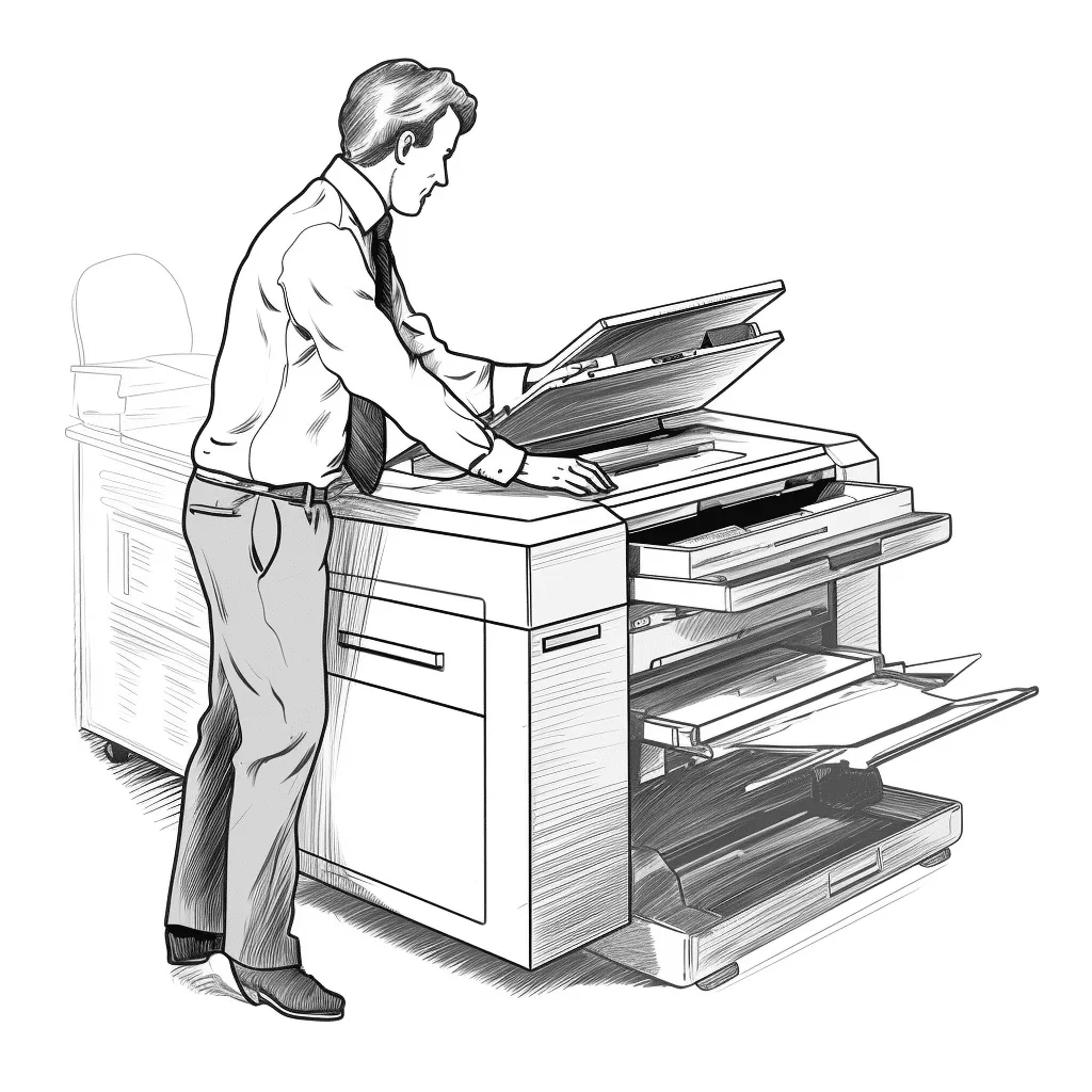 illustration a la main d'un homme utilisant une imprimante lourde dans son entreprise