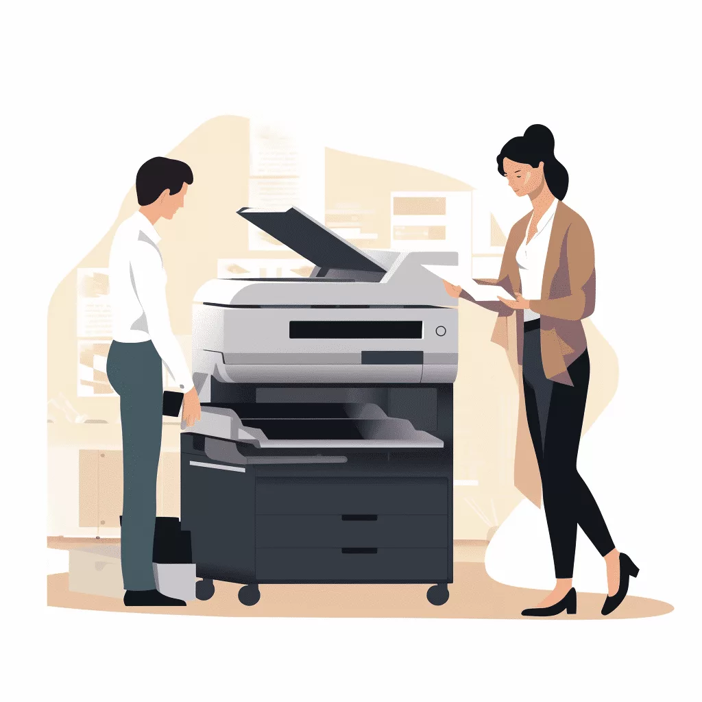 Illustration de deux employés qui rechargent l'imprimante de l'entreprise