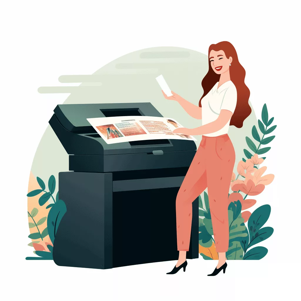 Illustration d'une employée avec une imprimante professionnelle