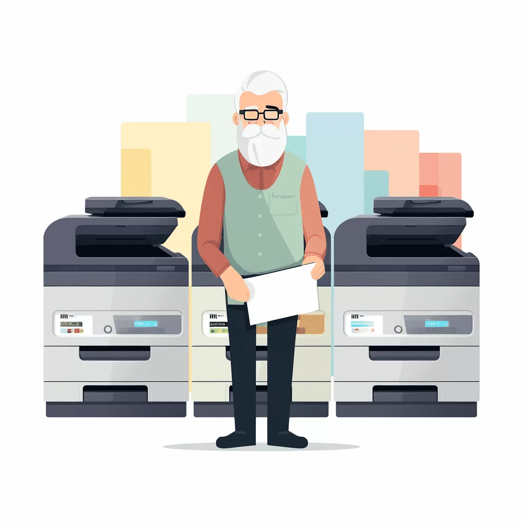Homme expliquant la différence entre une imprimante et un photocopueur