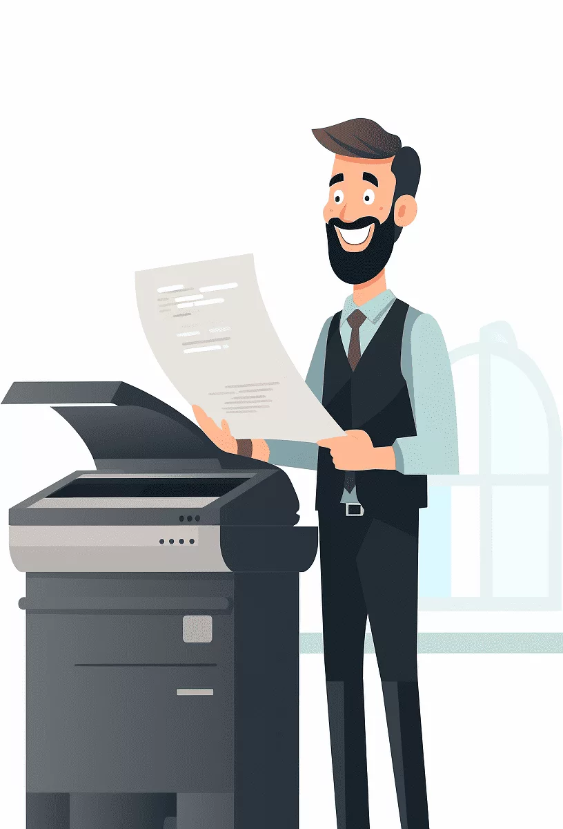 Illustration of a salesperson offering the rental of a professional printer